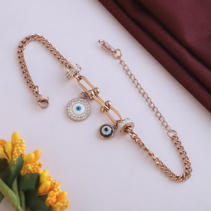 Rose Gold Evil Eye Bracelet with Cubic Zirconia - Dainty & Adjustable