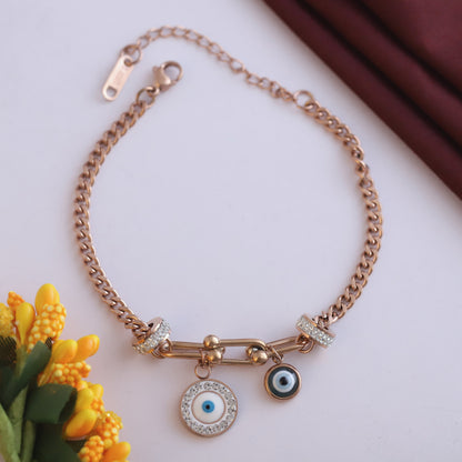 Rose Gold Evil Eye Bracelet with Cubic Zirconia - Dainty & Adjustable