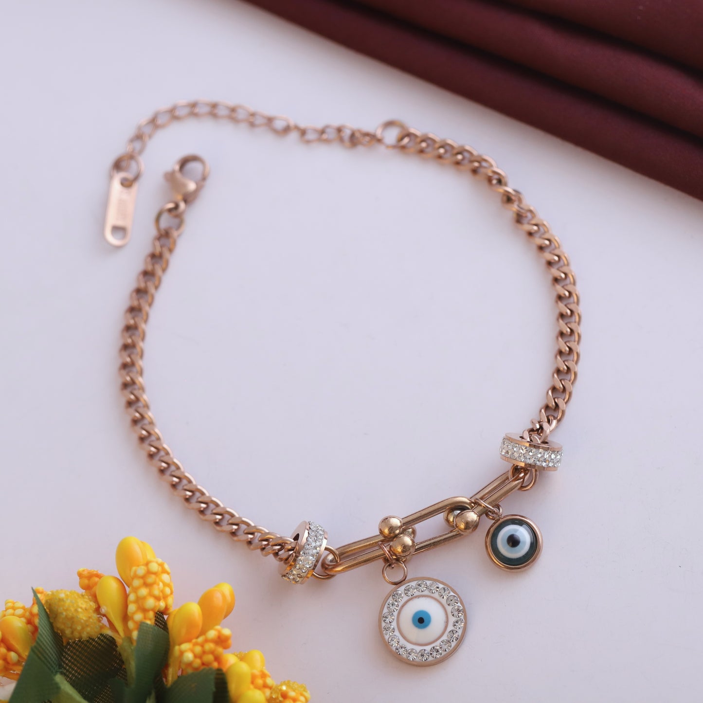Rose Gold Evil Eye Bracelet with Cubic Zirconia - Dainty & Adjustable