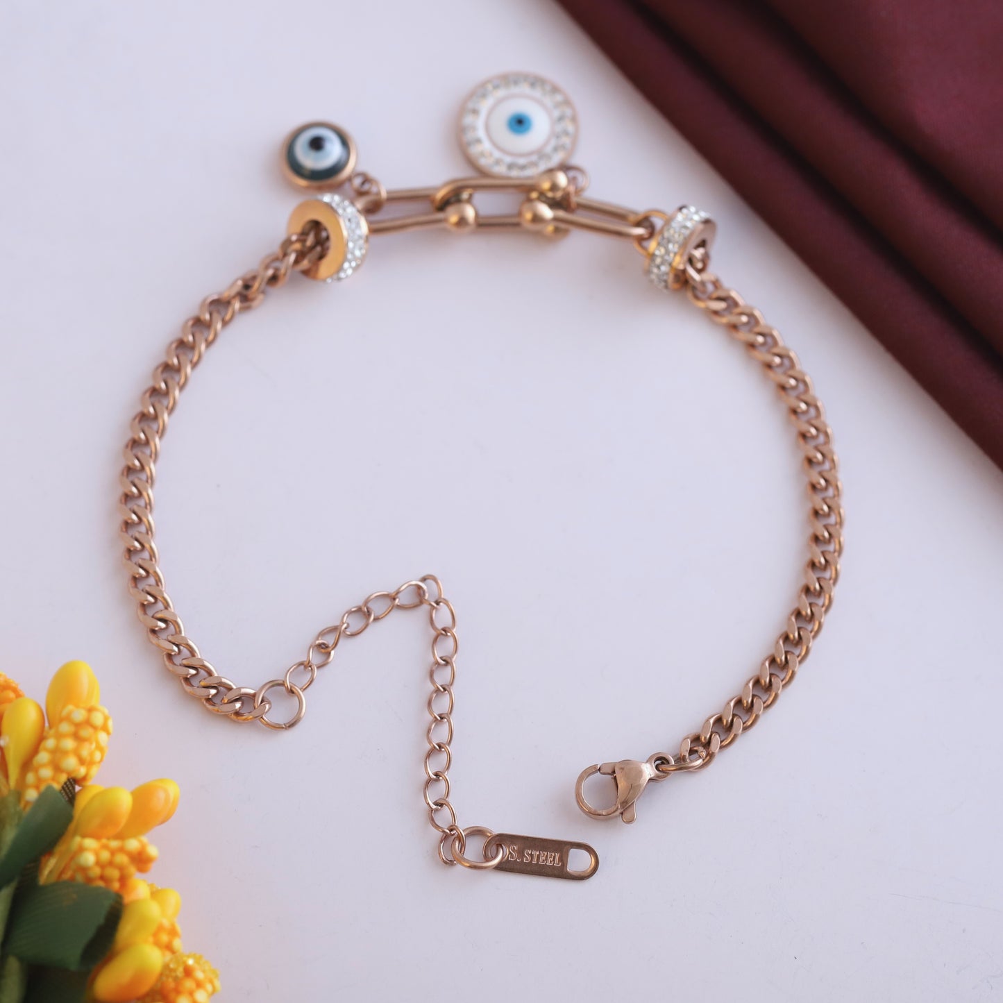 Rose Gold Evil Eye Bracelet with Cubic Zirconia - Dainty & Adjustable