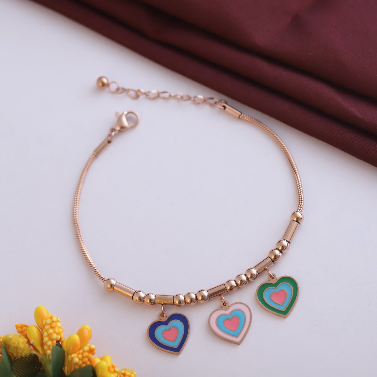 Rose Gold Heart Charm Bracelet - Colorful Enamel Hearts