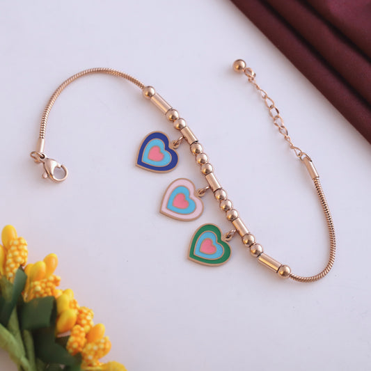 Rose Gold Heart Charm Bracelet - Colorful Enamel Hearts