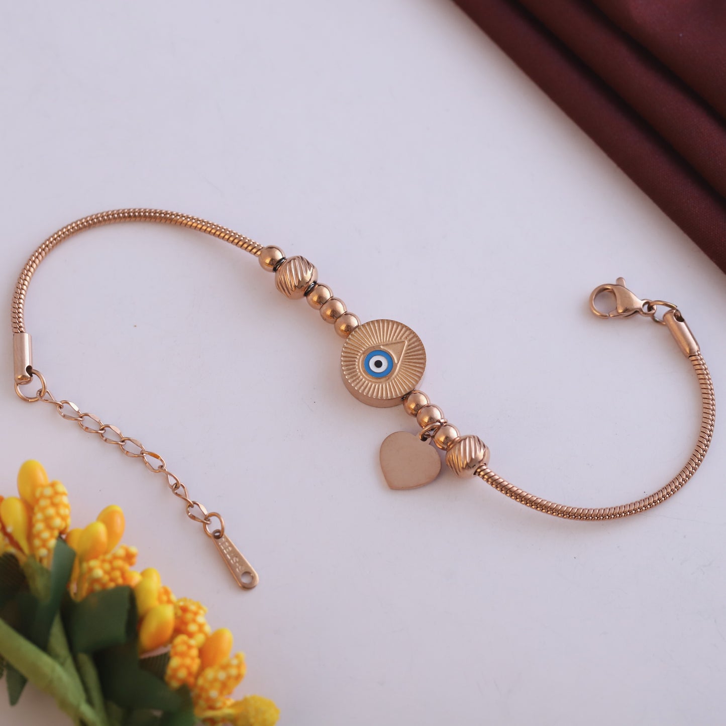 Minimalist Rose Gold Evil Eye Bracelet - Delicate Snake Chain
