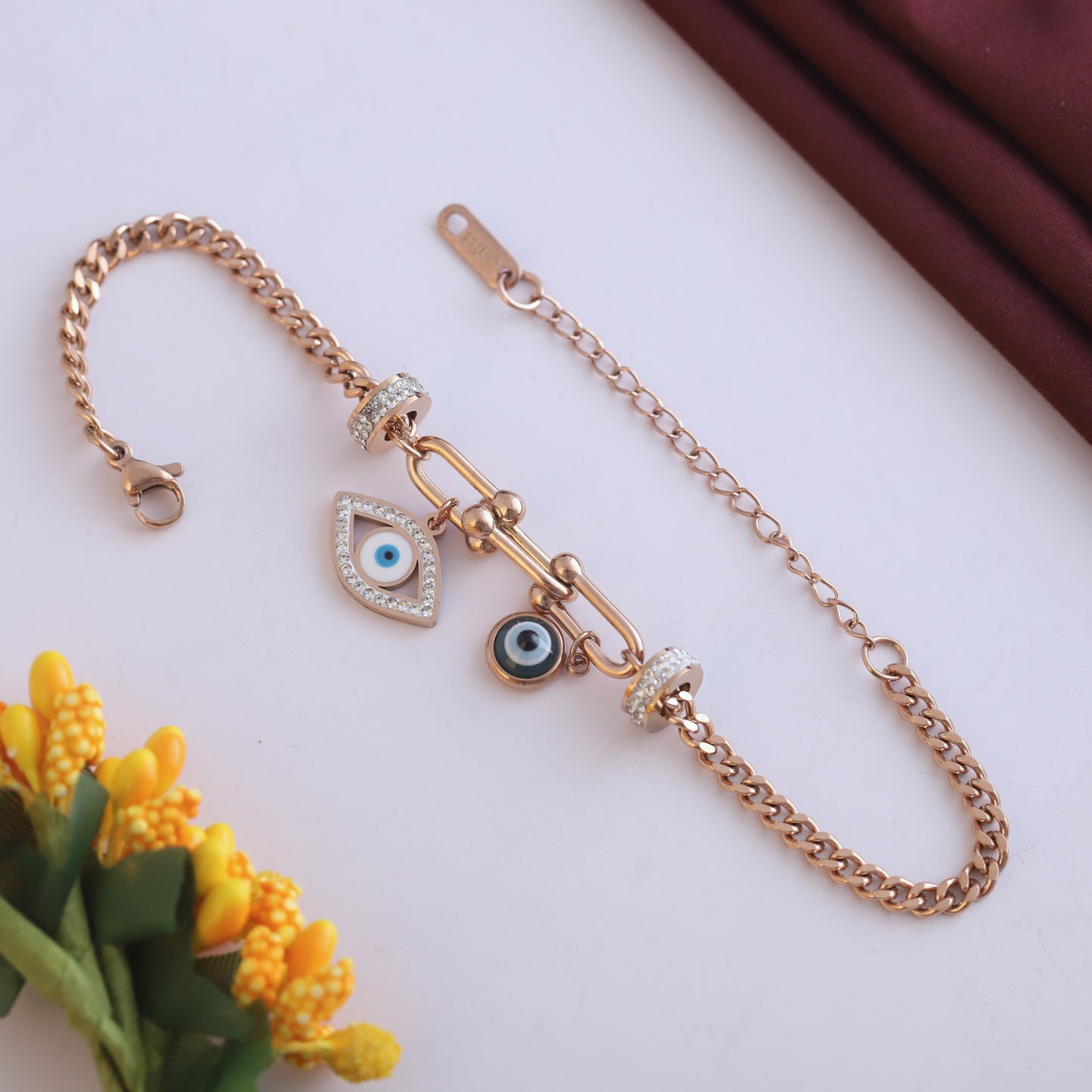 Rose Gold Evil Eye Bracelet - Dainty & Adjustable