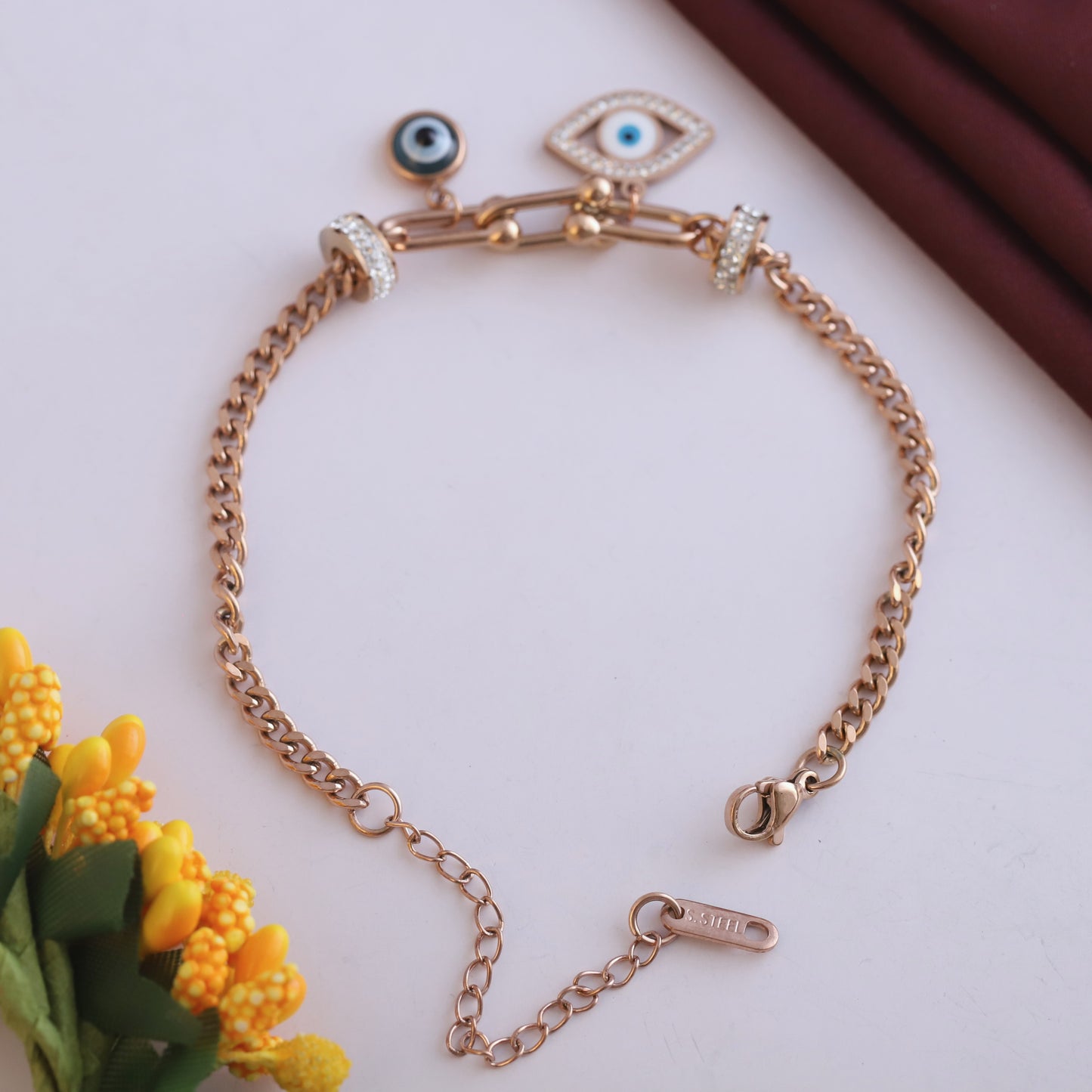 Rose Gold Evil Eye Bracelet - Dainty & Adjustable