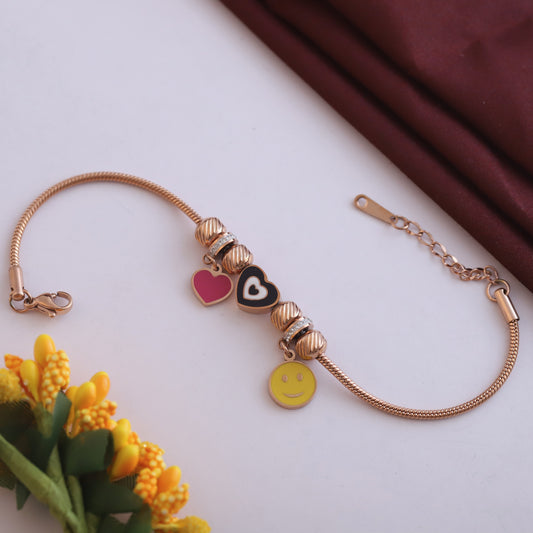 Rose Gold Charm Bracelet with Heart & Smiley Charms - Adjustable