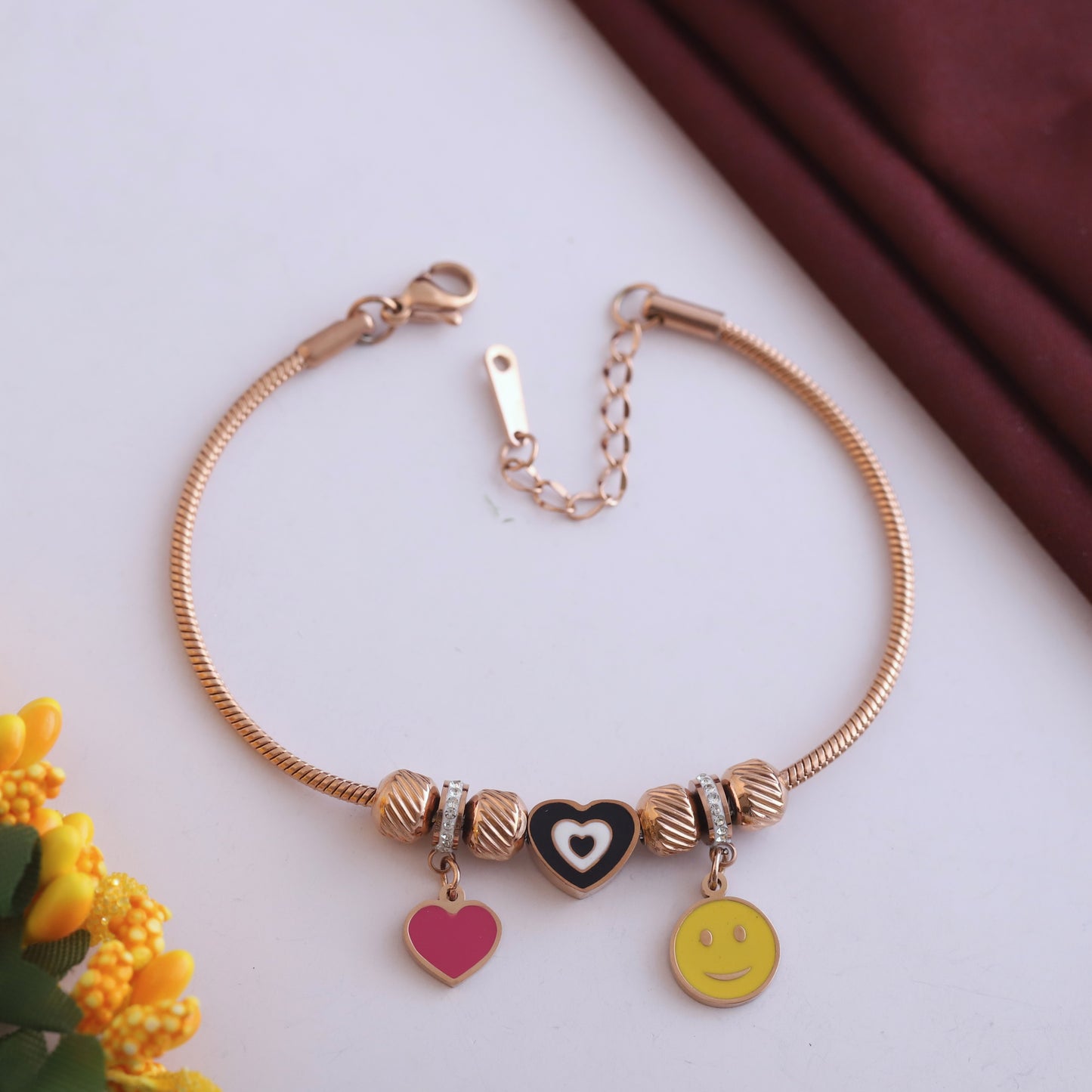 Rose Gold Charm Bracelet with Heart & Smiley Charms - Adjustable