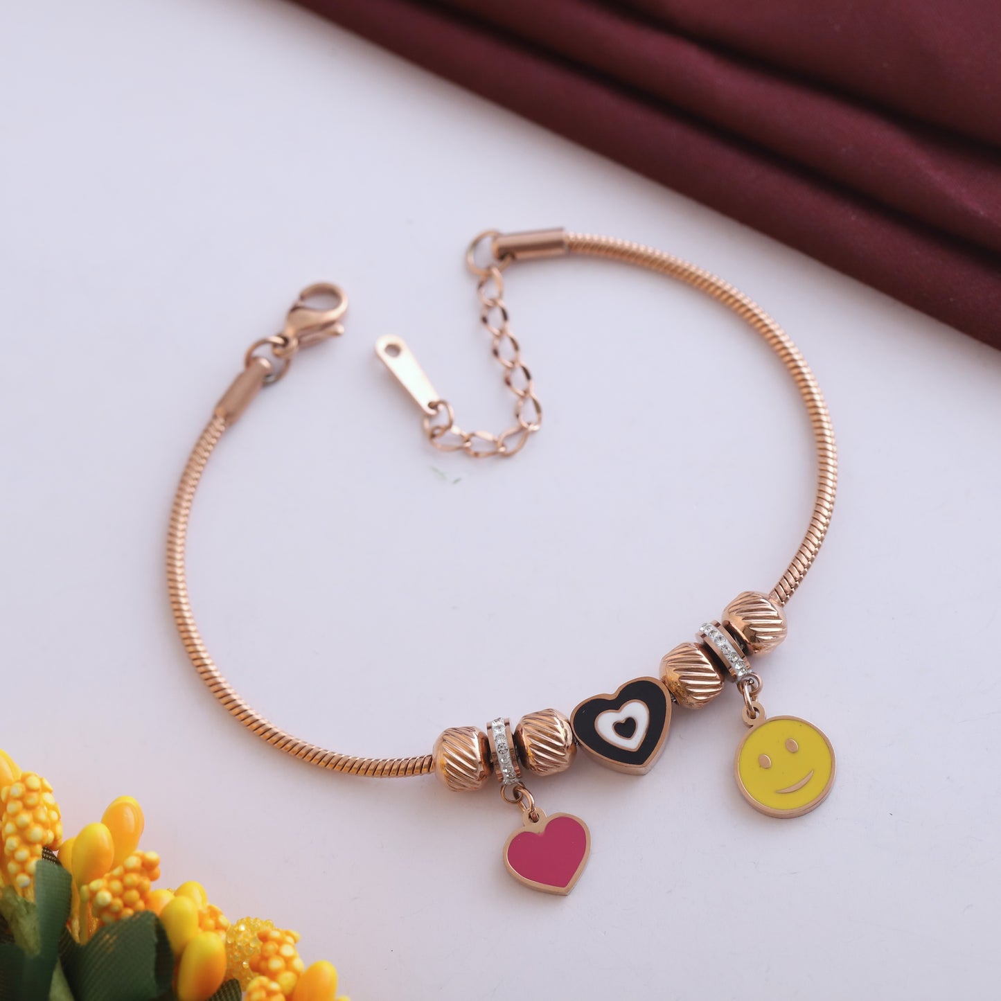 Rose Gold Charm Bracelet with Heart & Smiley Charms - Adjustable