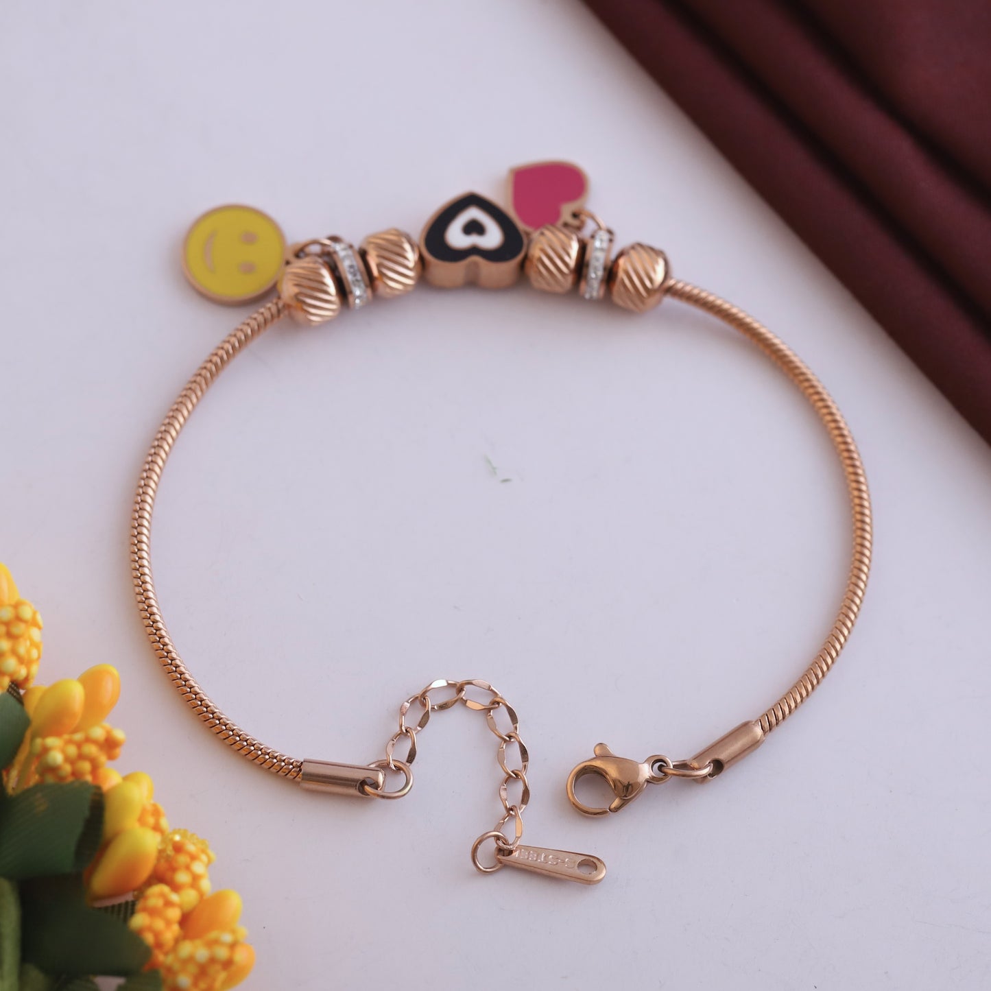 Rose Gold Charm Bracelet with Heart & Smiley Charms - Adjustable