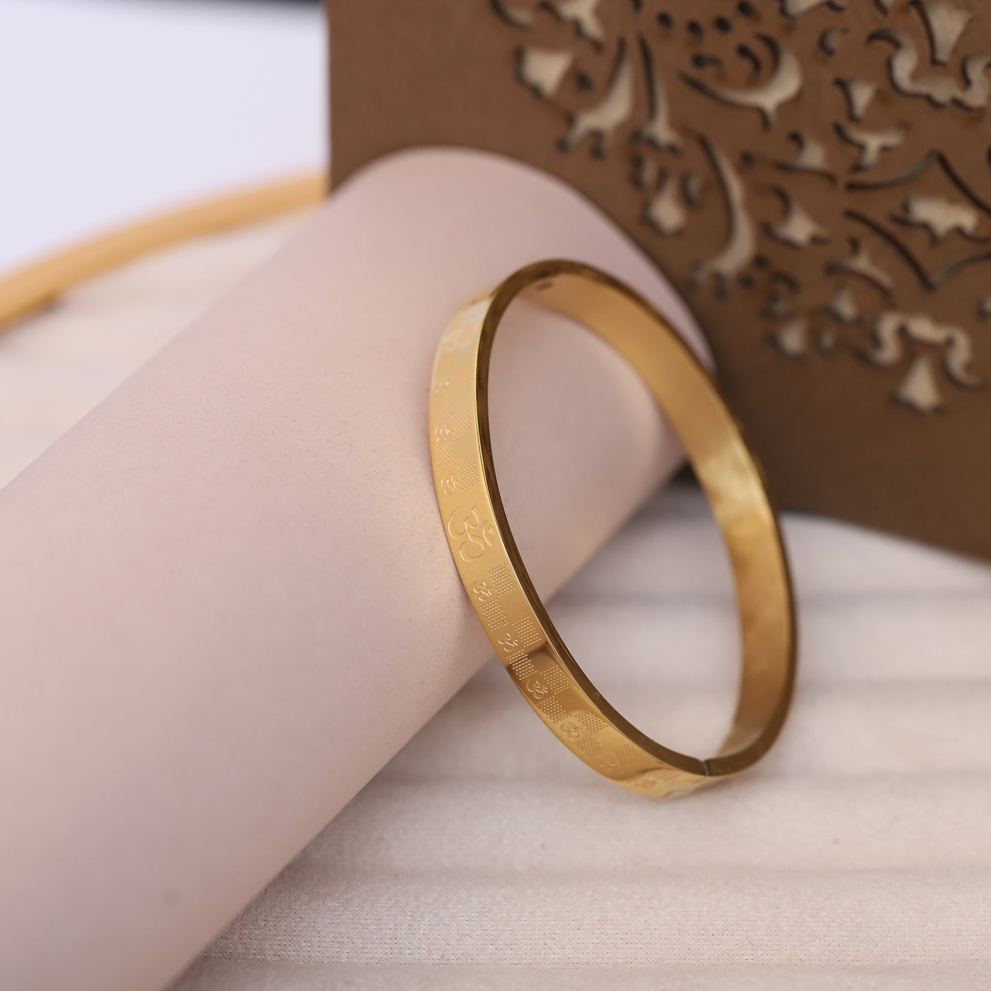 Om Symbol Gold Bangle for Men | Etched Design Religious Bracelet