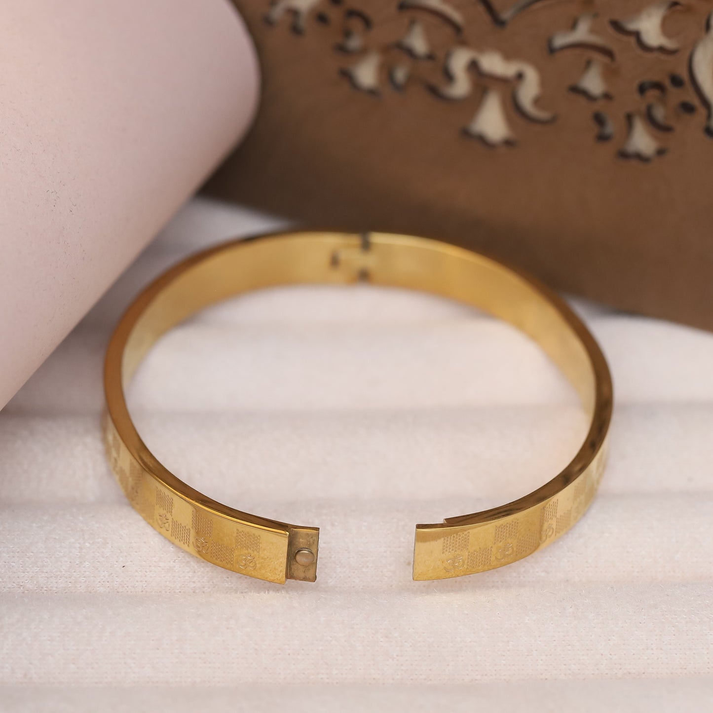 Om Symbol Gold Bangle for Men | Etched Design Religious Bracelet
