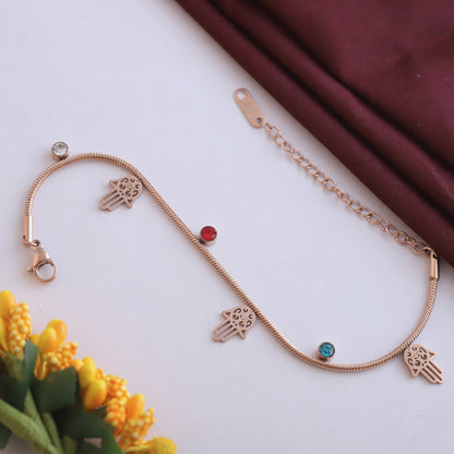 Rose Gold Hamsa Hand Charm Bracelet - Colorful Crystal Protection Jewelry