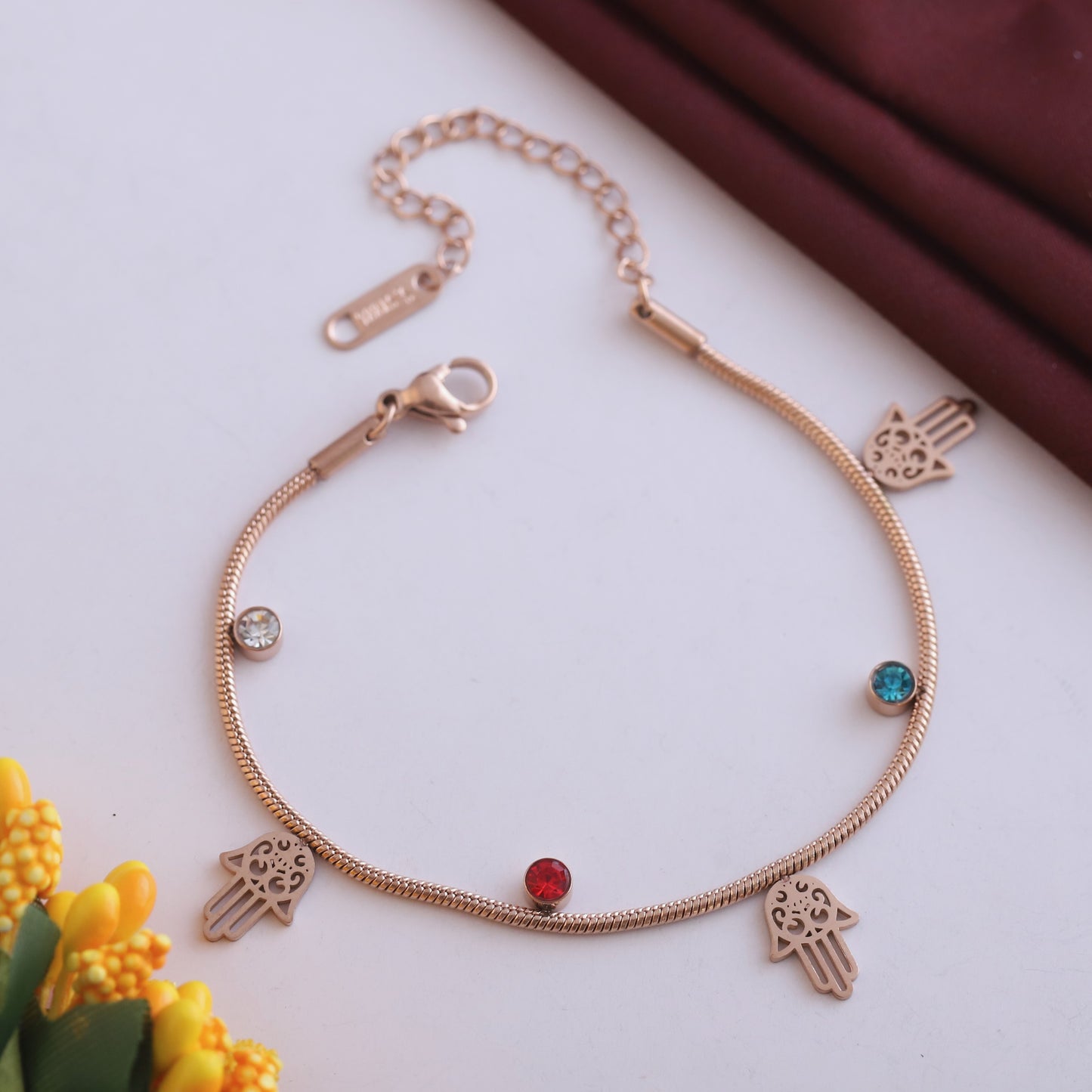 Rose Gold Hamsa Hand Charm Bracelet - Colorful Crystal Protection Jewelry
