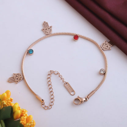 Rose Gold Hamsa Hand Charm Bracelet - Colorful Crystal Protection Jewelry