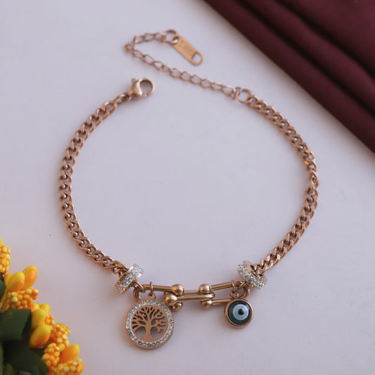 Rose Gold Curb Chain Bracelet with Evil Eye & Tree of Life Charms