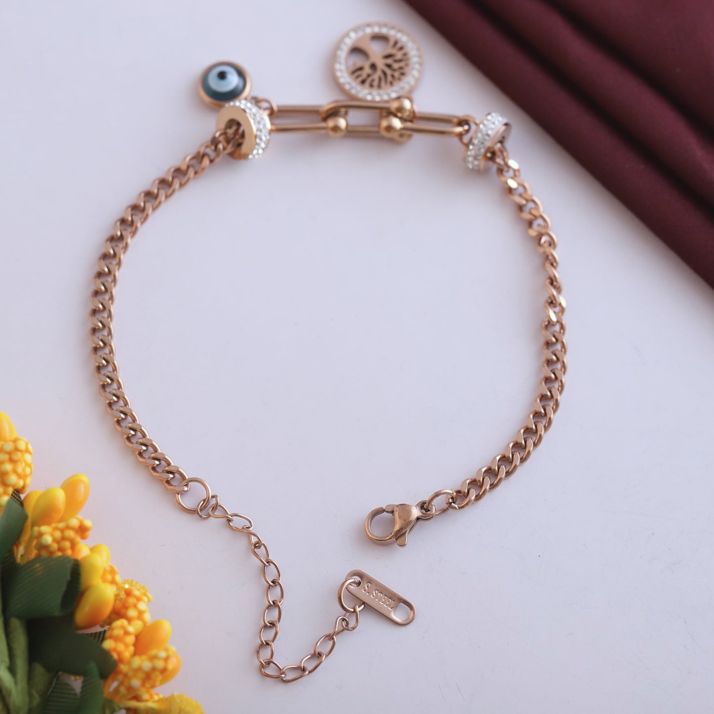 Rose Gold Curb Chain Bracelet with Evil Eye & Tree of Life Charms