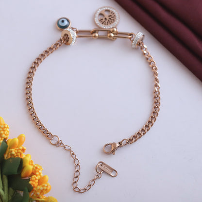Rose Gold Curb Chain Bracelet with Evil Eye & Tree of Life Charms
