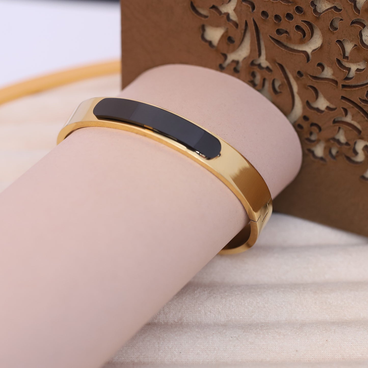 Gold-Tone Bangle with Black Enamel Inlay - Modern, Minimalist Bracelet.