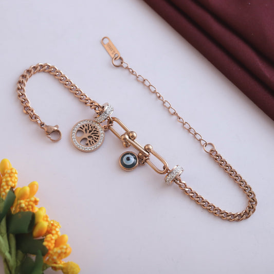 Rose Gold Curb Chain Bracelet with Evil Eye & Tree of Life Charms