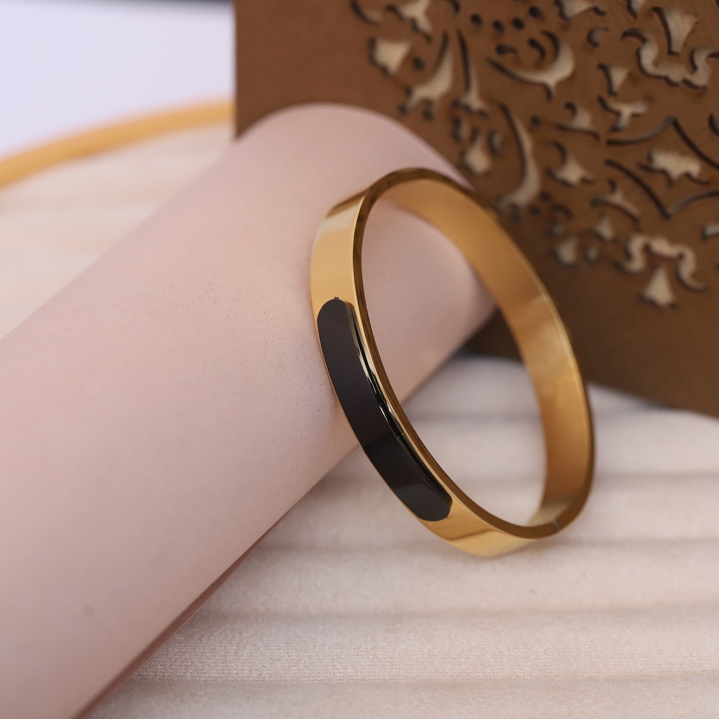 Gold-Tone Bangle with Black Enamel Inlay - Modern, Minimalist Bracelet.