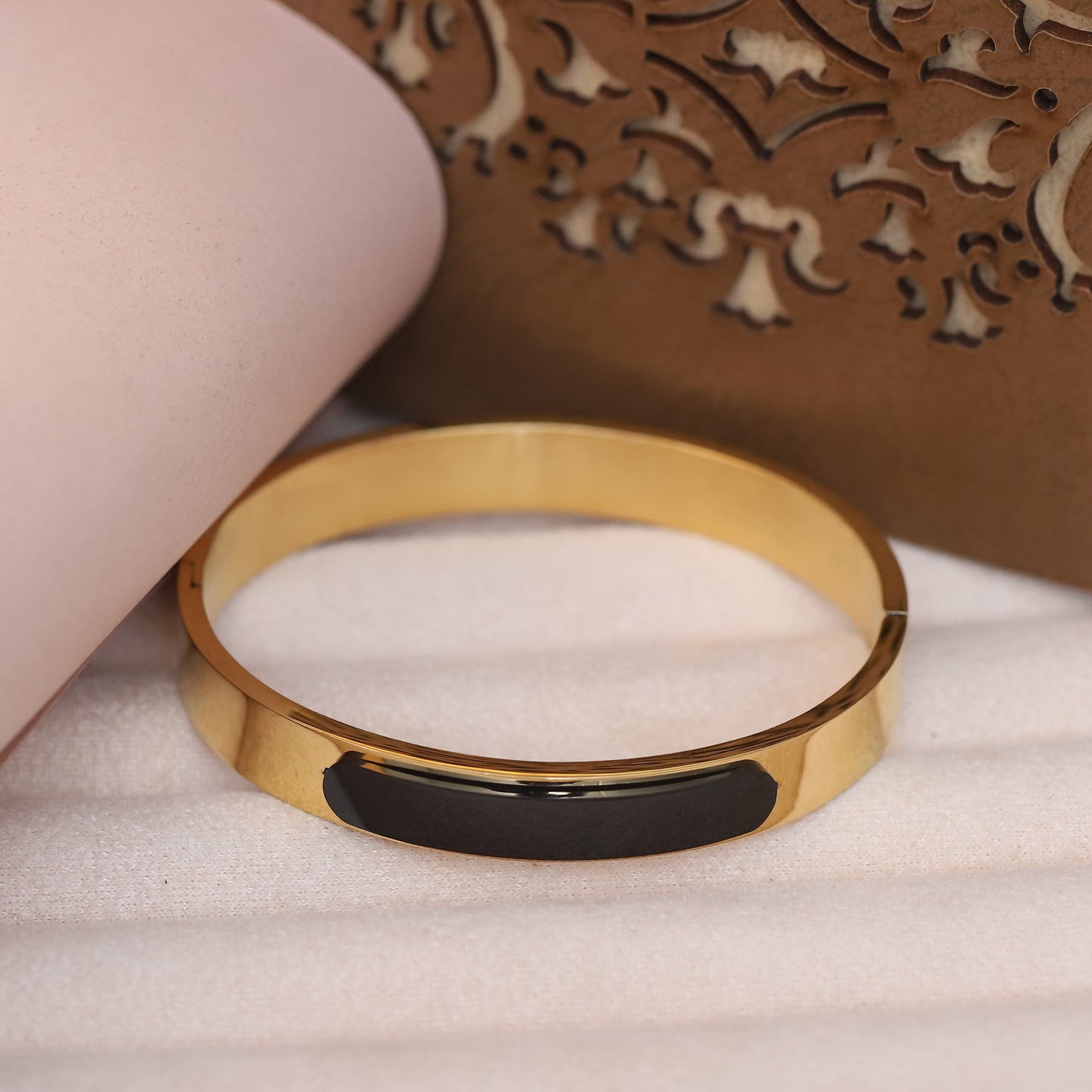 Gold-Tone Bangle with Black Enamel Inlay - Modern, Minimalist Bracelet.