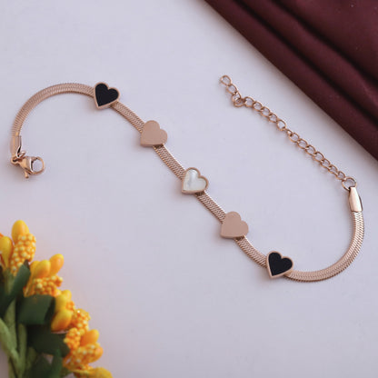 Rose Gold Heart Charm Bracelet - Black & White Mother of Pearl Jewelry