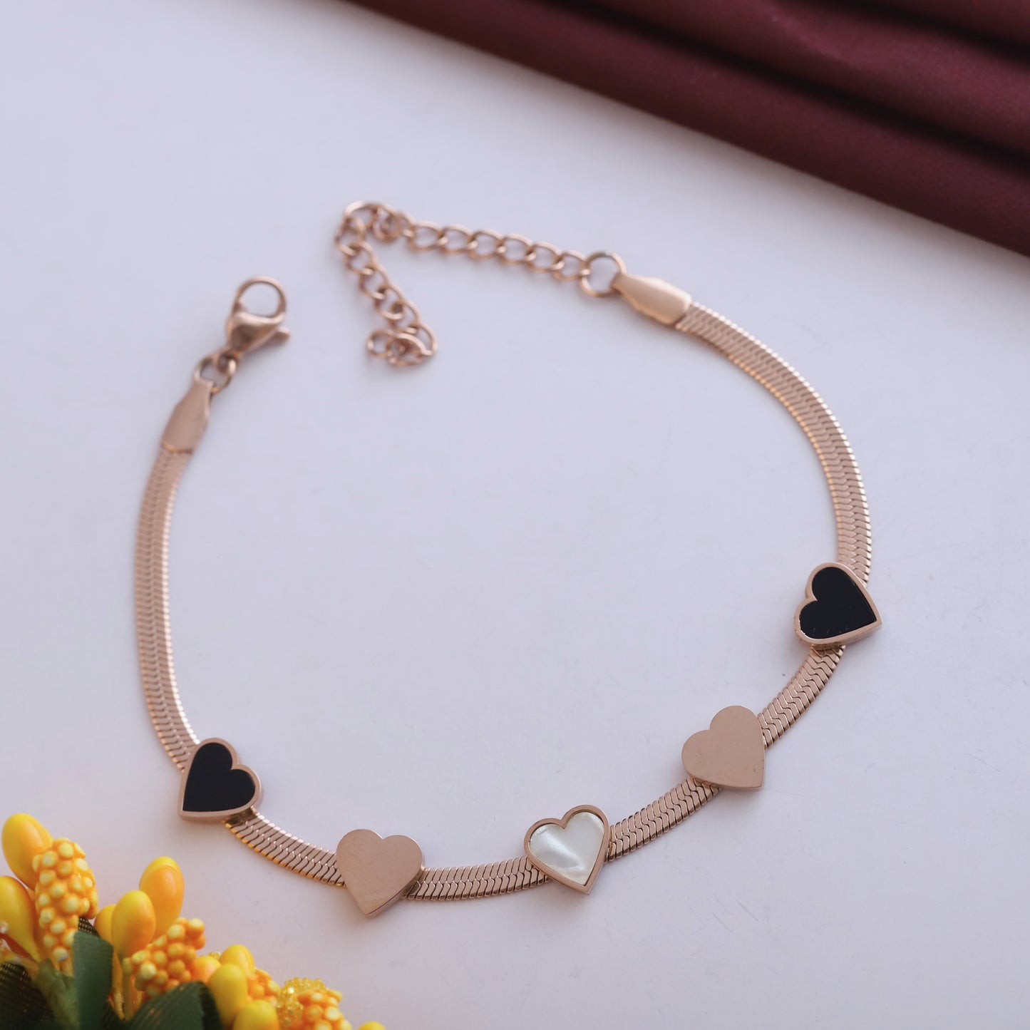 Rose Gold Heart Charm Bracelet - Black & White Mother of Pearl Jewelry