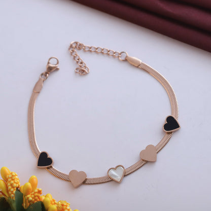 Rose Gold Heart Charm Bracelet - Black & White Mother of Pearl Jewelry