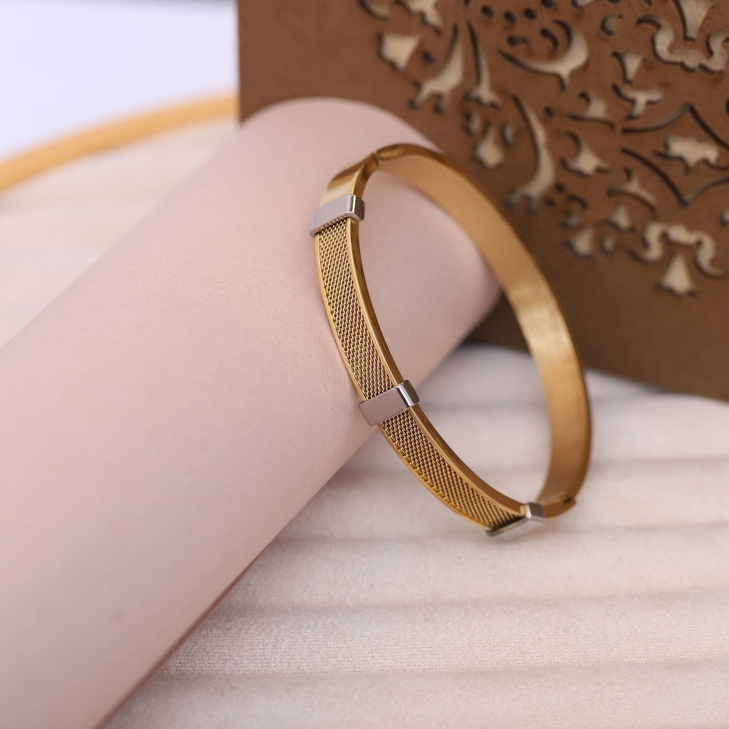 Mesh Inlay Gold Bangle for Men | Modern Textured Stainless Steel Bracelet