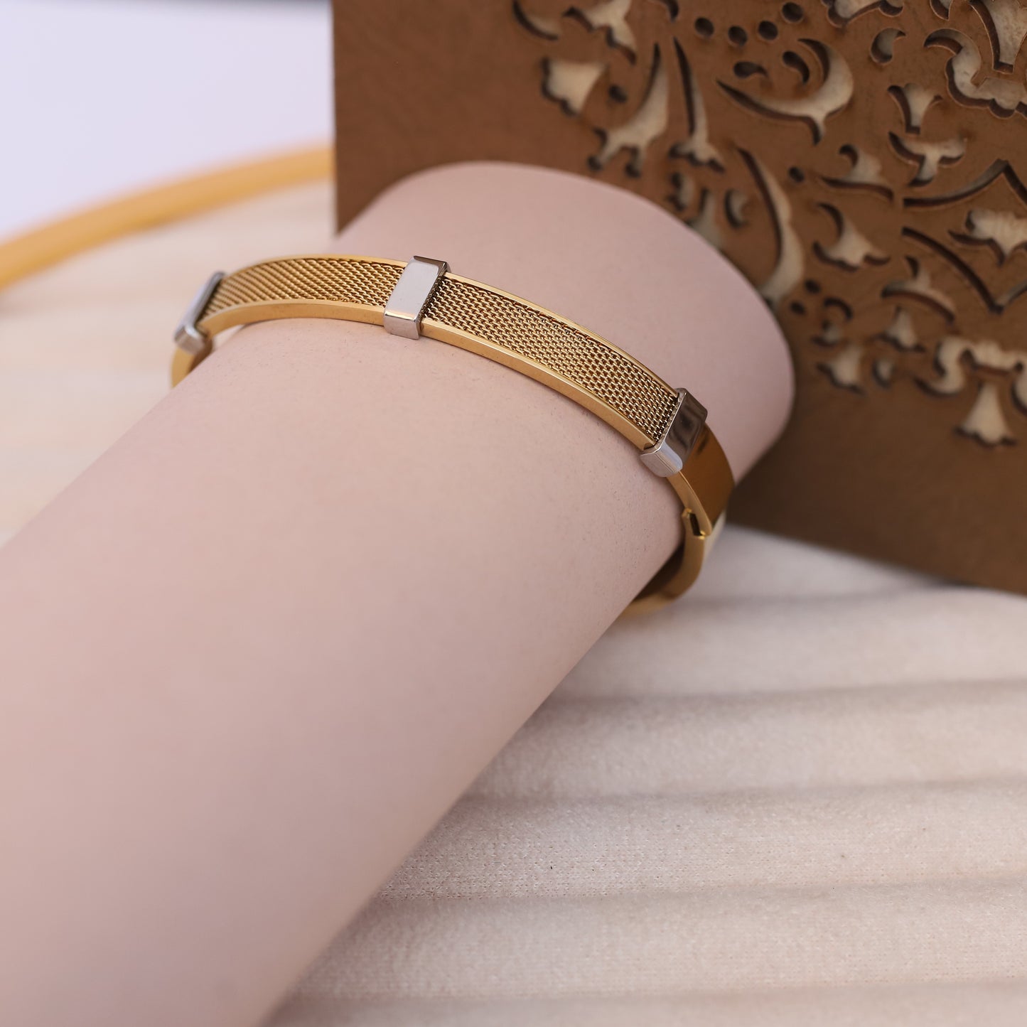 Mesh Inlay Gold Bangle for Men | Modern Textured Stainless Steel Bracelet