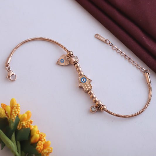 Rose Gold Hamsa Hand Bracelet - Evil Eye Charm & Delicate Chain