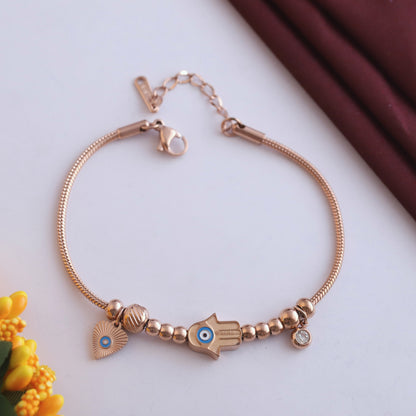Rose Gold Hamsa Hand Bracelet - Evil Eye Charm & Delicate Chain