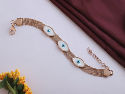 Rose Gold Mesh Evil Eye Bracelet - Mother of Pearl Charm Protection Jewelry