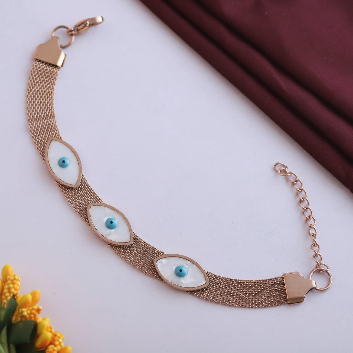 Rose Gold Mesh Evil Eye Bracelet - Mother of Pearl Charm Protection Jewelry