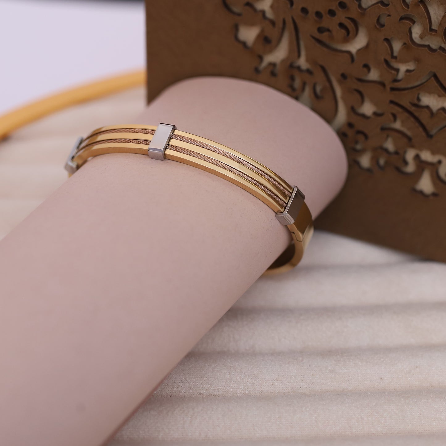 Two-Tone Cable Detail Gold Bangle for Men | Modern Stainless Steel Bracelet