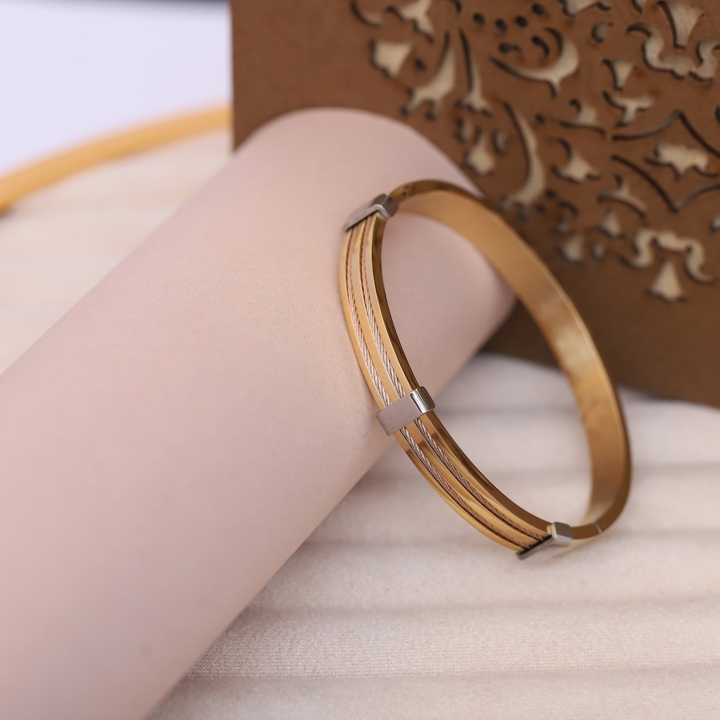 Two-Tone Cable Detail Gold Bangle for Men | Modern Stainless Steel Bracelet