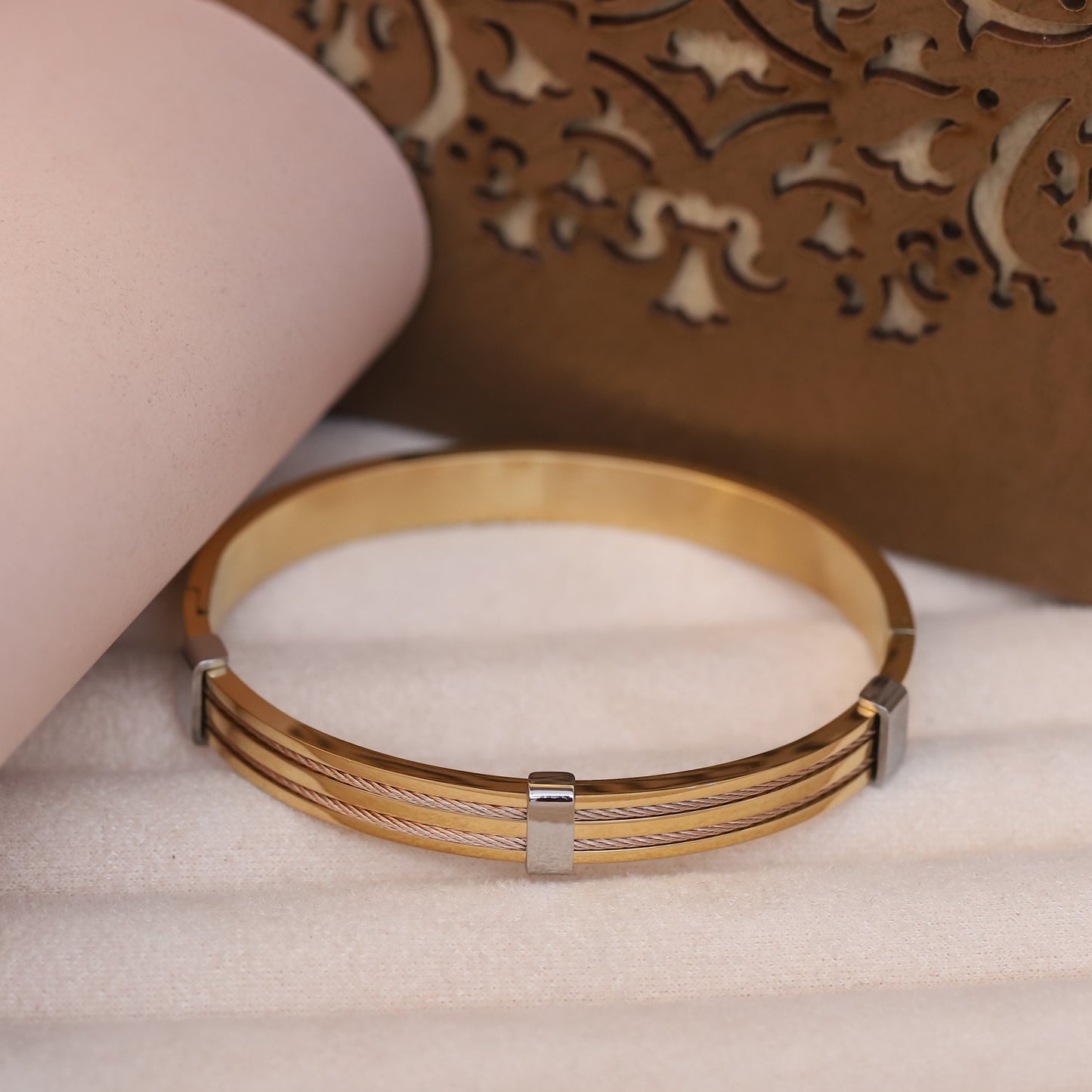 Two-Tone Cable Detail Gold Bangle for Men | Modern Stainless Steel Bracelet