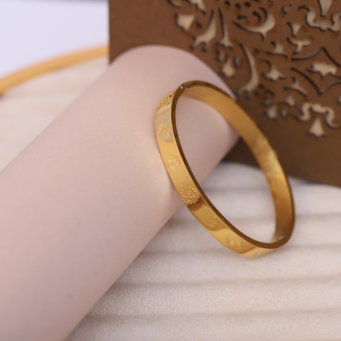 Engraved Symbol Gold Bangle for Men | Unique Pattern Statement Bracelet