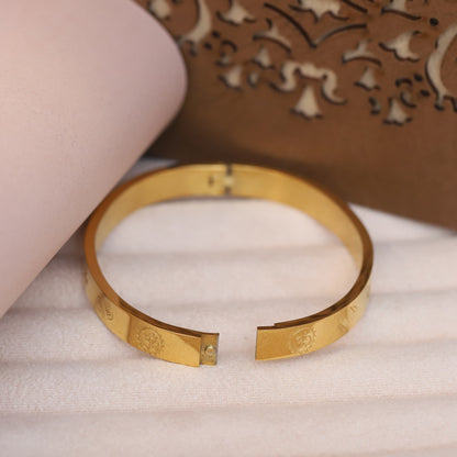 Engraved Symbol Gold Bangle for Men | Unique Pattern Statement Bracelet