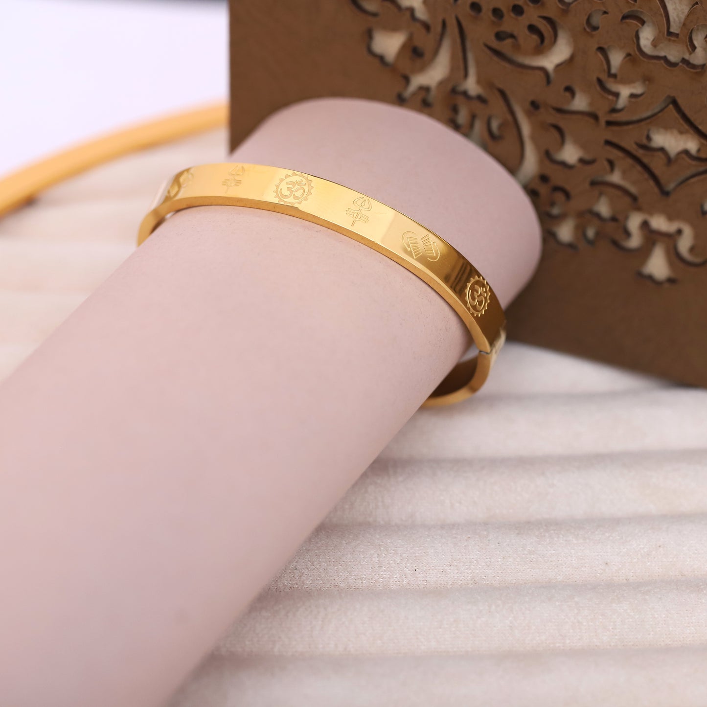 Engraved Symbol Gold Bangle for Men | Unique Pattern Statement Bracelet