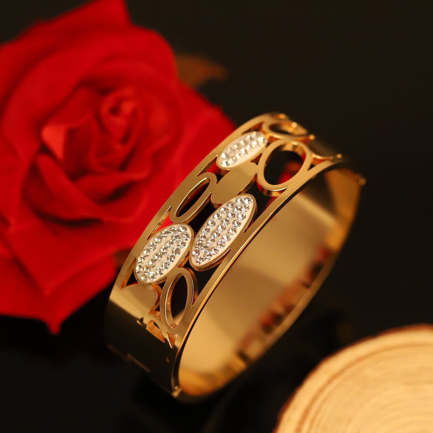 Wide Gold Bangle with Crystal Oval Cutouts - Modern Statement Cuff