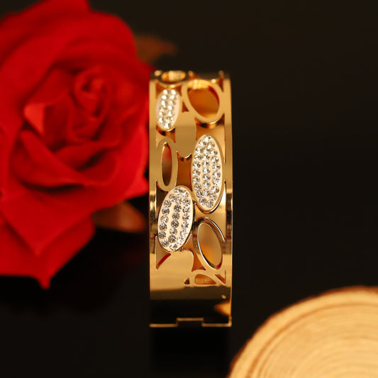 Wide Gold Bangle with Crystal Oval Cutouts - Modern Statement Cuff