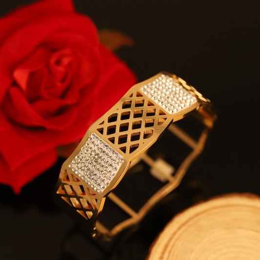 Gold Lattice Bangle with Pave Crystals - Modern Geometric Cuff Bracelet