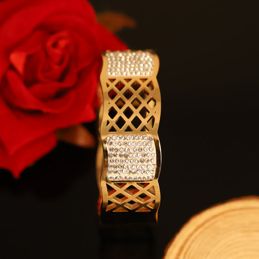 Gold Lattice Bangle with Pave Crystals - Modern Geometric Cuff Bracelet