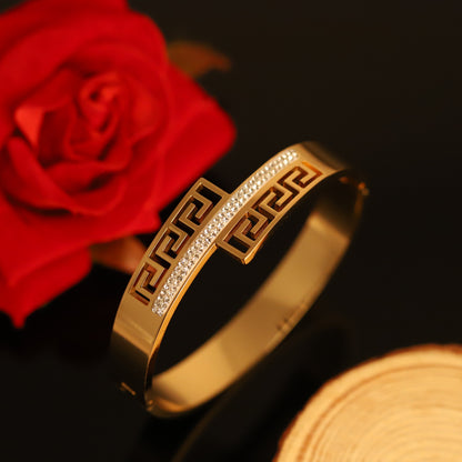 Gold Geometric Greek Key Bangle with Crystals - Modern Statement Bracelet
