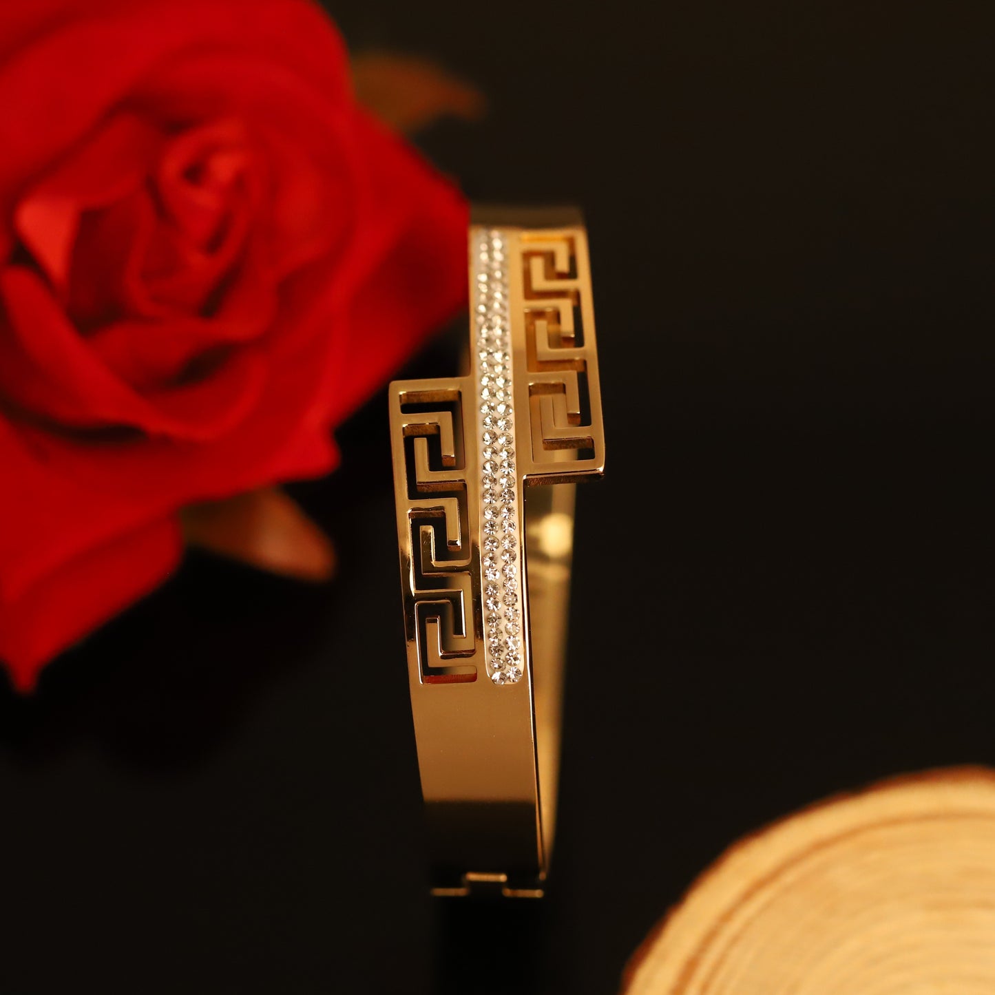 Gold Geometric Greek Key Bangle with Crystals - Modern Statement Bracelet