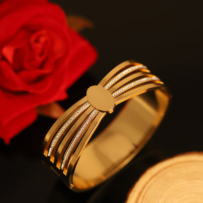Modern Gold Layered Bangle with Crystal Stripes and Oval Center