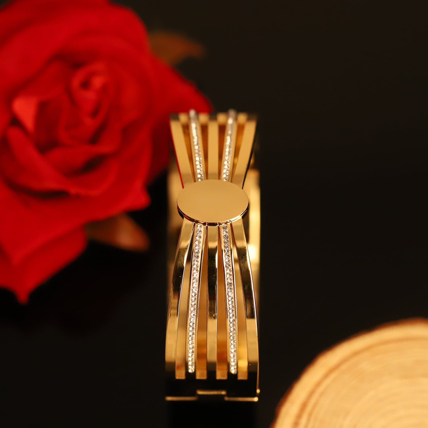 Modern Gold Layered Bangle with Crystal Stripes and Oval Center