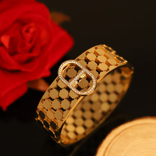 Wide Gold Hexagon Bangle with Crystal Buckle - Modern Geometric Bracelet