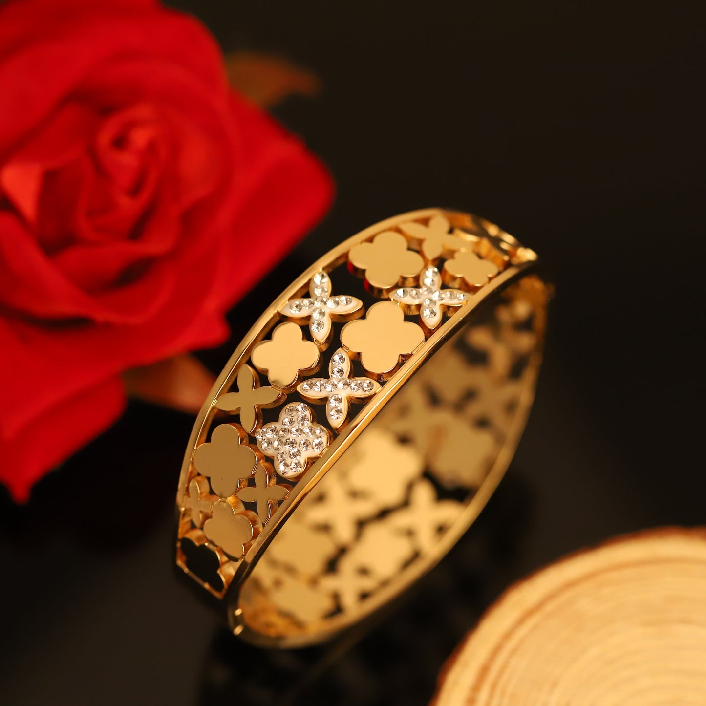 Wide Gold Bangle with Cutout Clover & Crystal Accents - Floral Bracelet